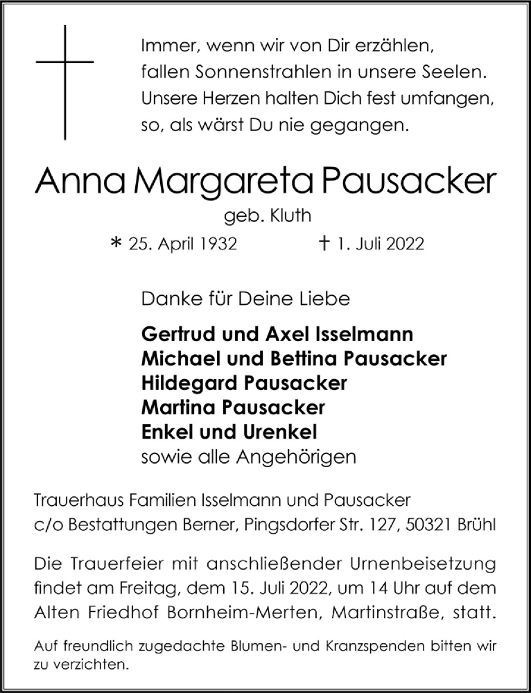  Traueranzeige für Anna Margareta Pausacker vom 08.07.2022 aus  Schlossbote/Werbekurier 