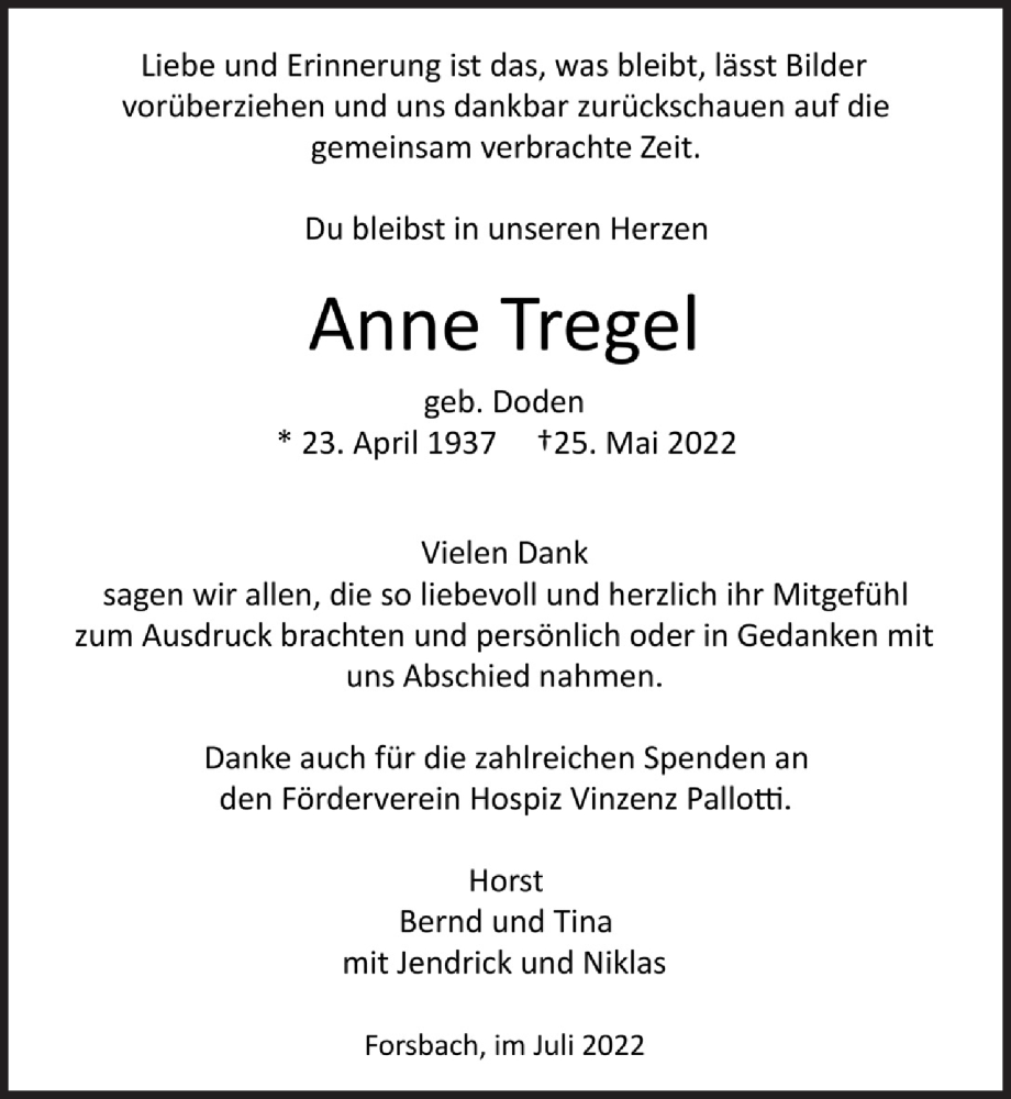  Traueranzeige für Anne Tregel vom 22.07.2022 aus  Bergisches Handelsblatt 