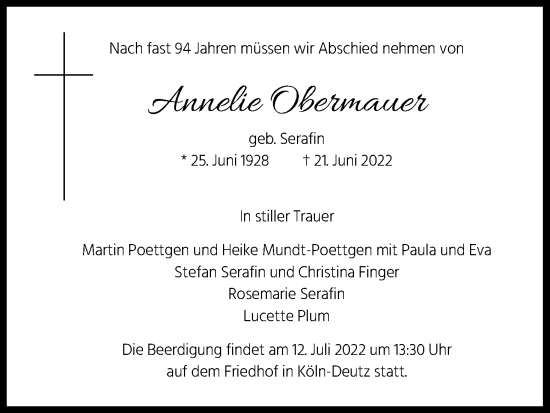 Anzeige von Annelie Obermauer von Kölner Stadt-Anzeiger / Kölnische Rundschau / Express