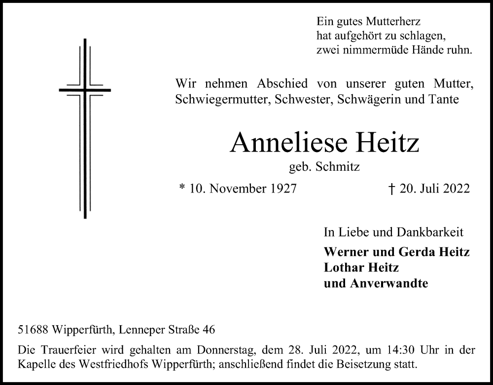  Traueranzeige für Anneliese Heitz vom 23.07.2022 aus Kölner Stadt-Anzeiger / Kölnische Rundschau / Express
