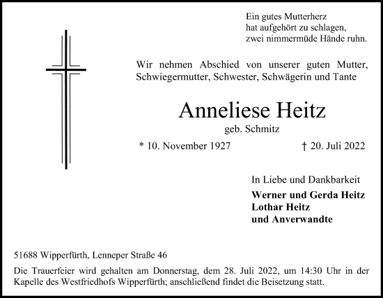 Anzeige von Anneliese Heitz von Kölner Stadt-Anzeiger / Kölnische Rundschau / Express