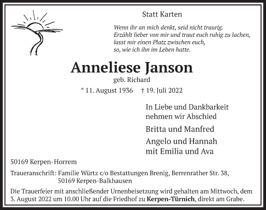 Anzeige von Anneliese Janson von  Werbepost 