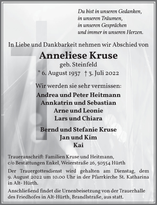 Anzeige von Anneliese Kruse von  Wochenende 