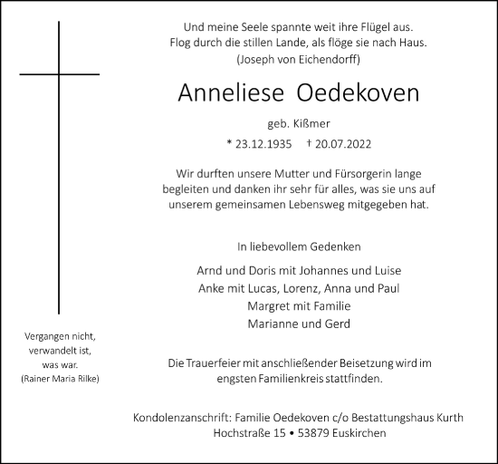 Anzeige von Anneliese Oedekoven von  Blickpunkt Euskirchen 