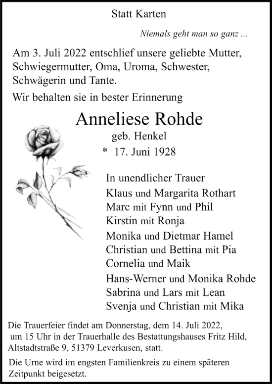 Anzeige von Anneliese Rohde von  Lokale Informationen 