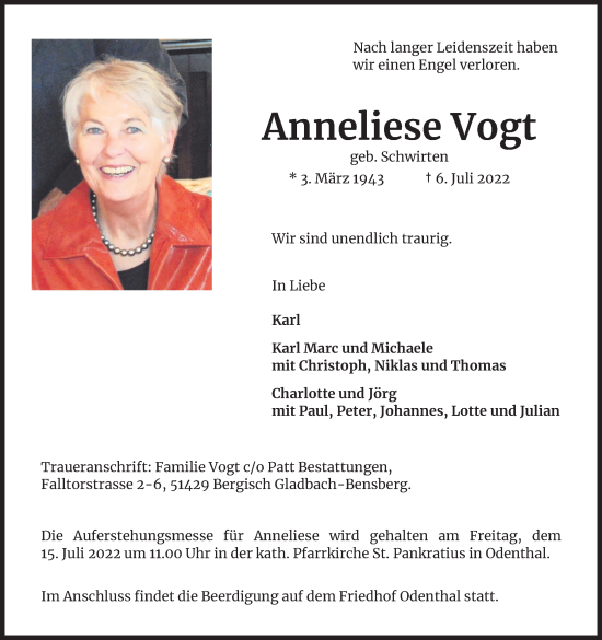 Anzeige von Anneliese Vogt von Kölner Stadt-Anzeiger / Kölnische Rundschau / Express