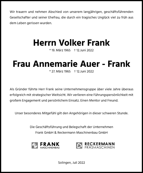 Anzeige von Annemarie Auer-Frank von Kölner Stadt-Anzeiger / Kölnische Rundschau / Express