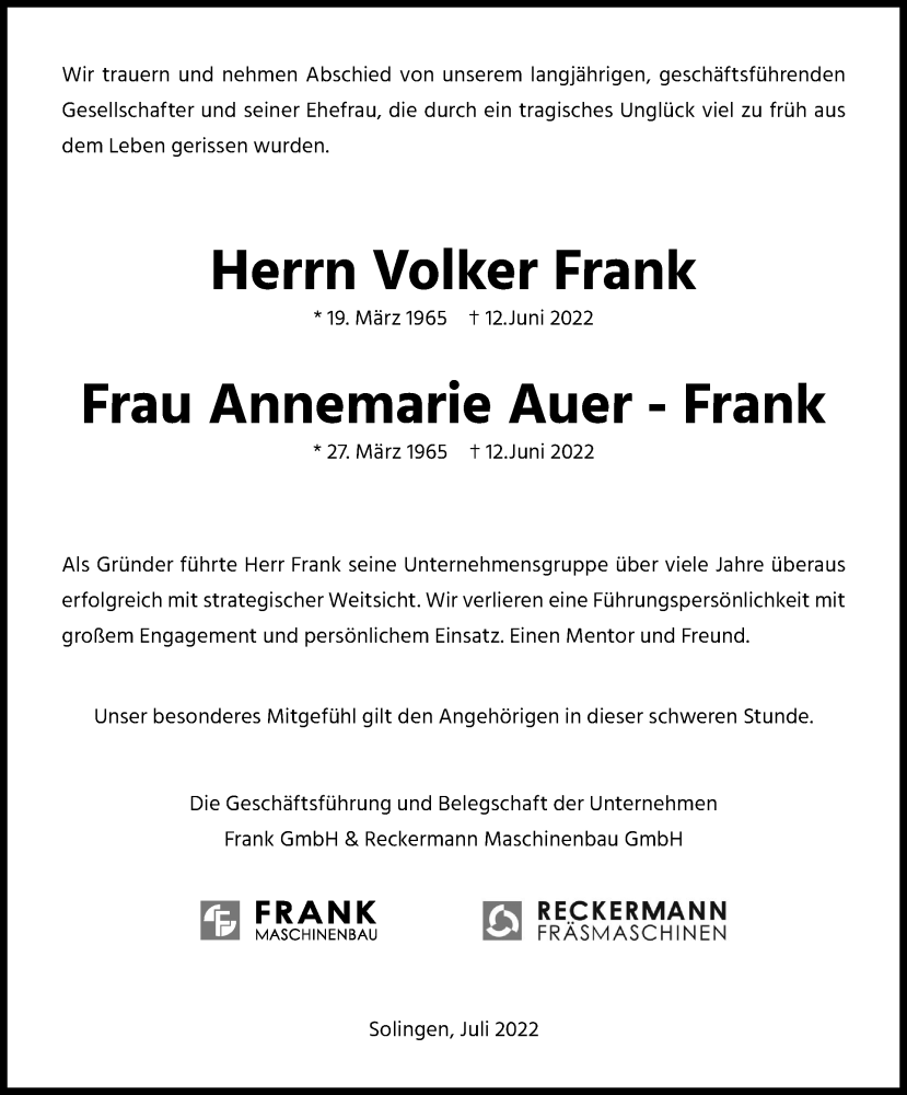  Traueranzeige für Annemarie Auer-Frank vom 02.07.2022 aus Kölner Stadt-Anzeiger / Kölnische Rundschau / Express