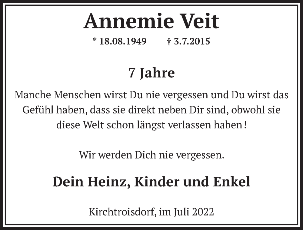  Traueranzeige für Annemie Veit vom 18.07.2023 aus  Werbepost 