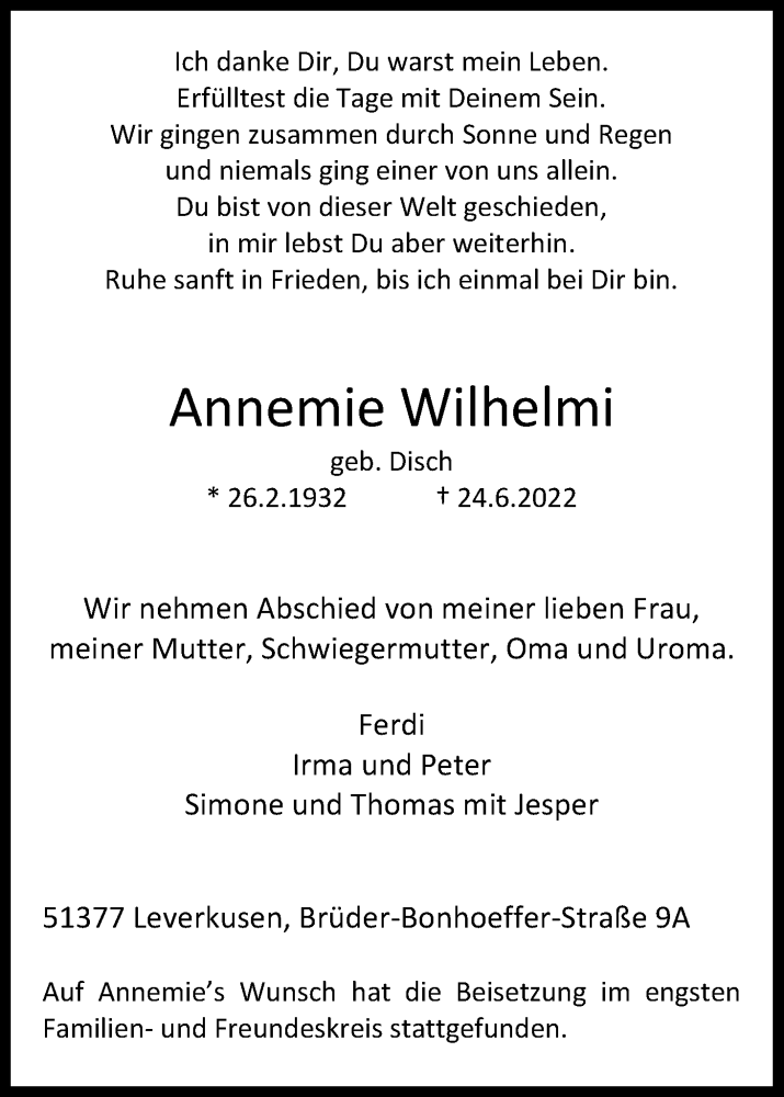  Traueranzeige für Annemie Wilhelmi vom 16.07.2022 aus Kölner Stadt-Anzeiger / Kölnische Rundschau / Express