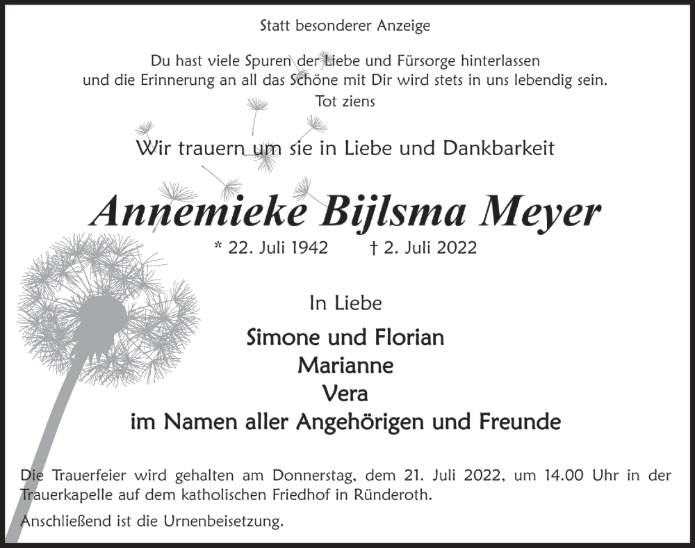  Traueranzeige für Annemieke Bijlsma Meyer vom 08.07.2022 aus  Anzeigen Echo 