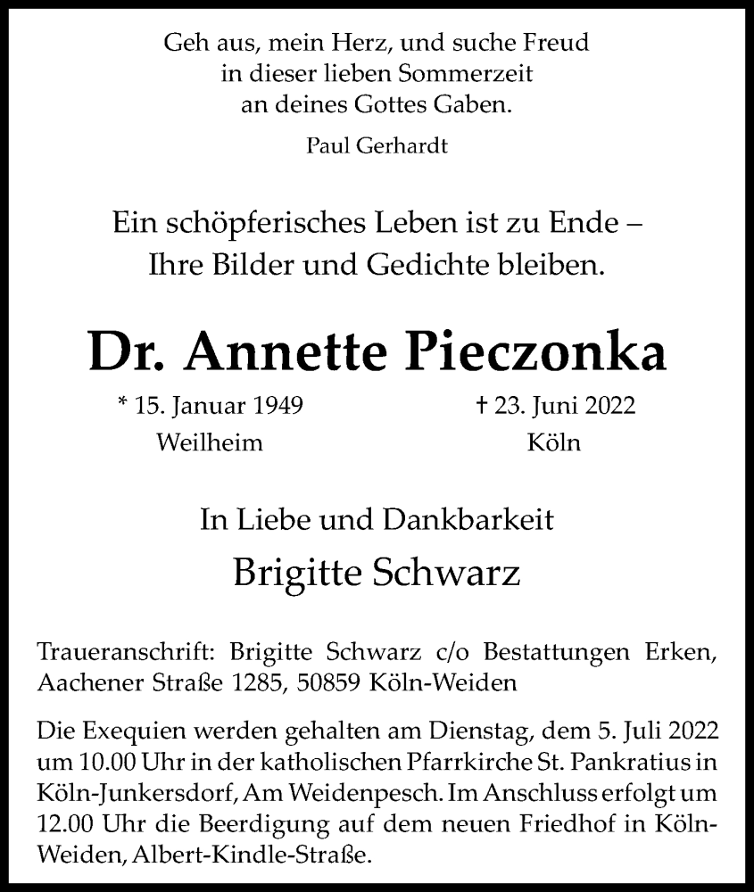  Traueranzeige für Annette Pieczonka vom 02.07.2022 aus Kölner Stadt-Anzeiger / Kölnische Rundschau / Express