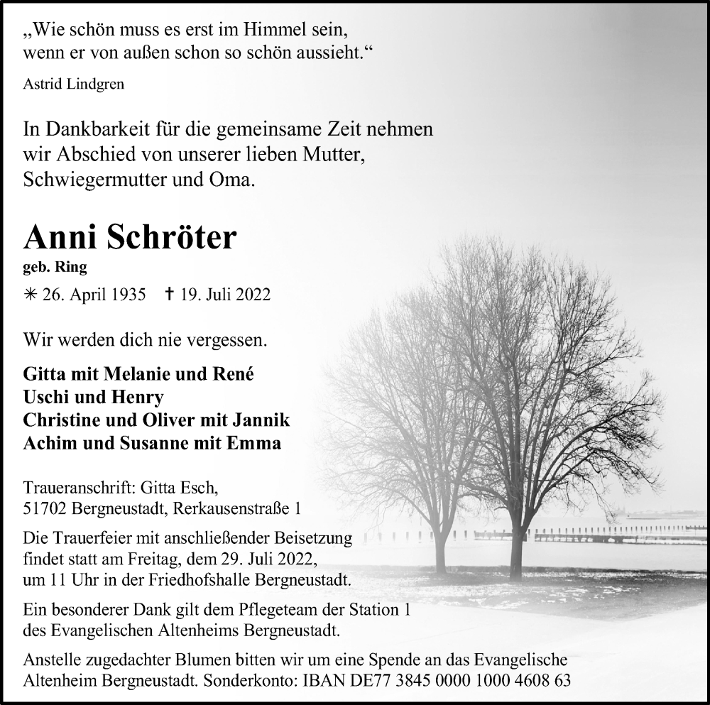  Traueranzeige für Anni Schröter vom 23.07.2022 aus Kölner Stadt-Anzeiger / Kölnische Rundschau / Express
