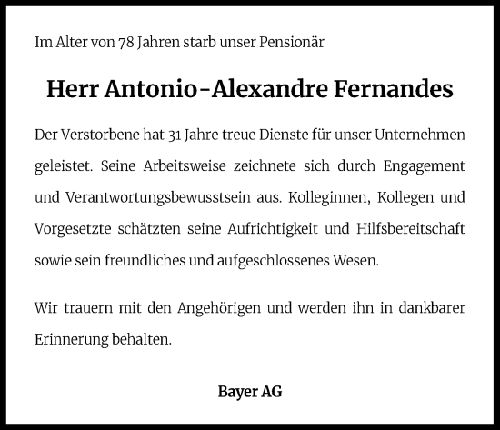 Anzeige von Antonio-Alexandre Fernandes von Kölner Stadt-Anzeiger / Kölnische Rundschau / Express