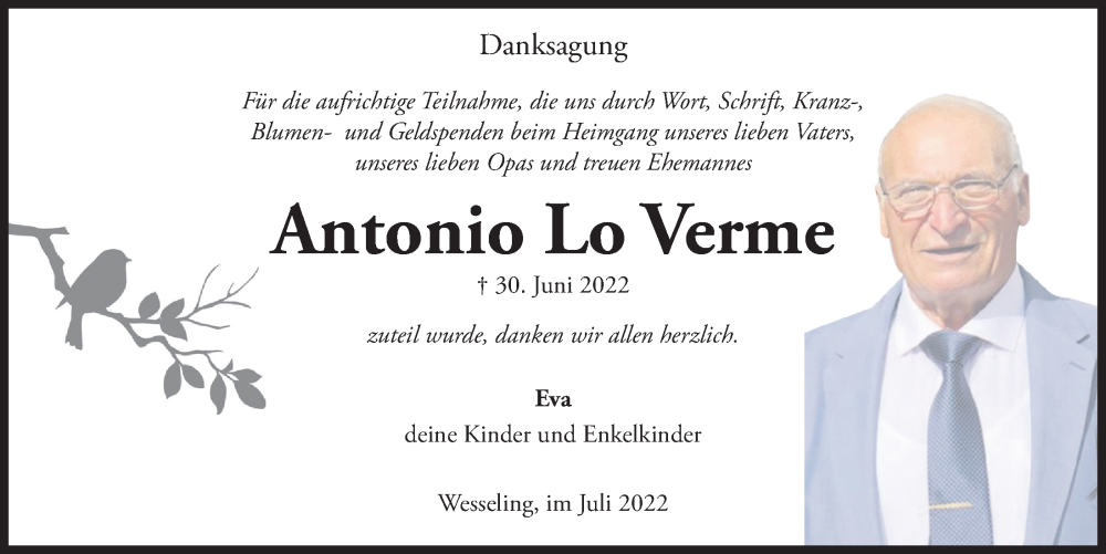  Traueranzeige für Antonio Lo Verme vom 22.07.2022 aus  Schlossbote/Werbekurier 