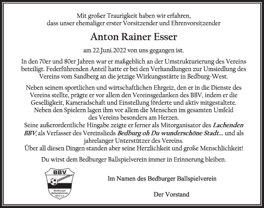  Traueranzeige für Anton Rainer Esser vom 15.07.2022 aus  Werbepost 