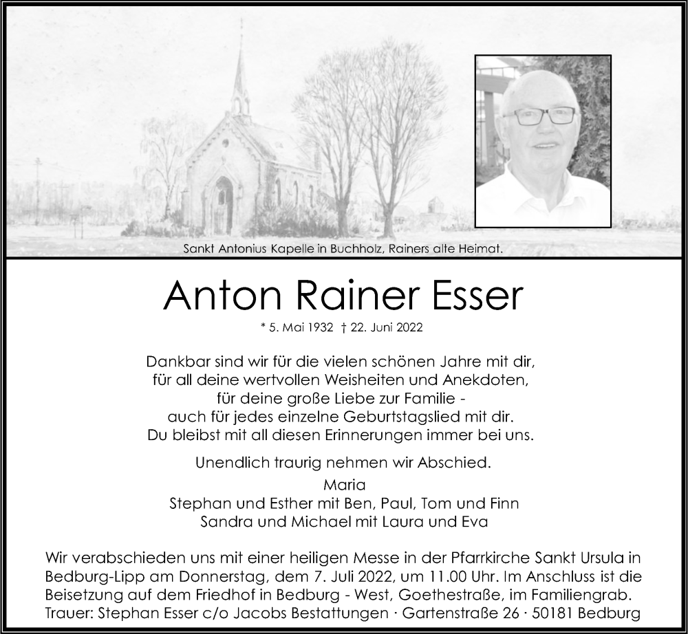  Traueranzeige für Anton Rainer Esser vom 02.07.2022 aus Kölner Stadt-Anzeiger / Kölnische Rundschau / Express