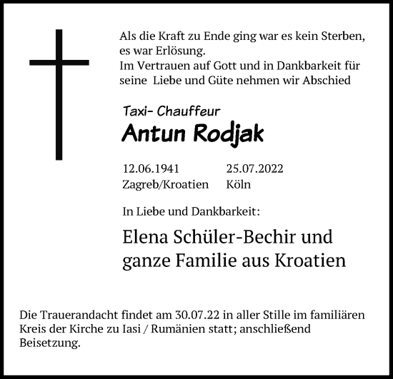 Anzeige von Antun Rodjak von Kölner Stadt-Anzeiger / Kölnische Rundschau / Express