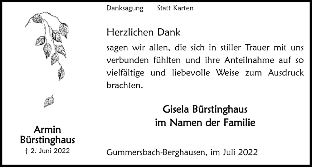  Traueranzeige für Armin Bürstinghaus vom 15.07.2022 aus  Anzeigen Echo 