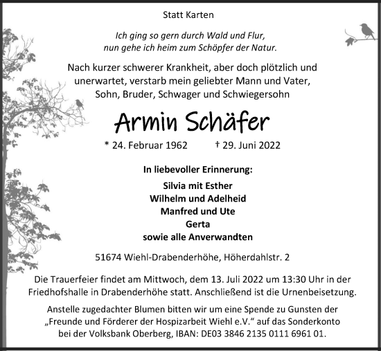 Anzeige von Armin Schäfer von Kölner Stadt-Anzeiger / Kölnische Rundschau / Express