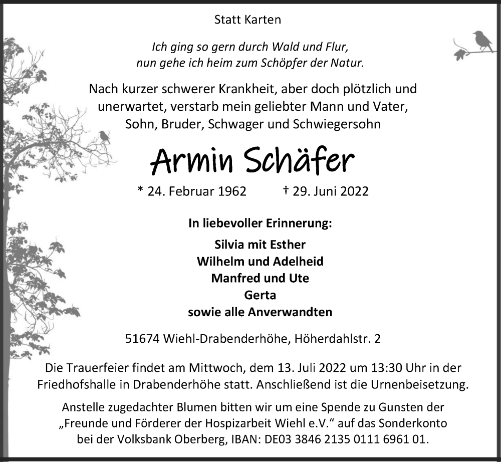  Traueranzeige für Armin Schäfer vom 02.07.2022 aus Kölner Stadt-Anzeiger / Kölnische Rundschau / Express