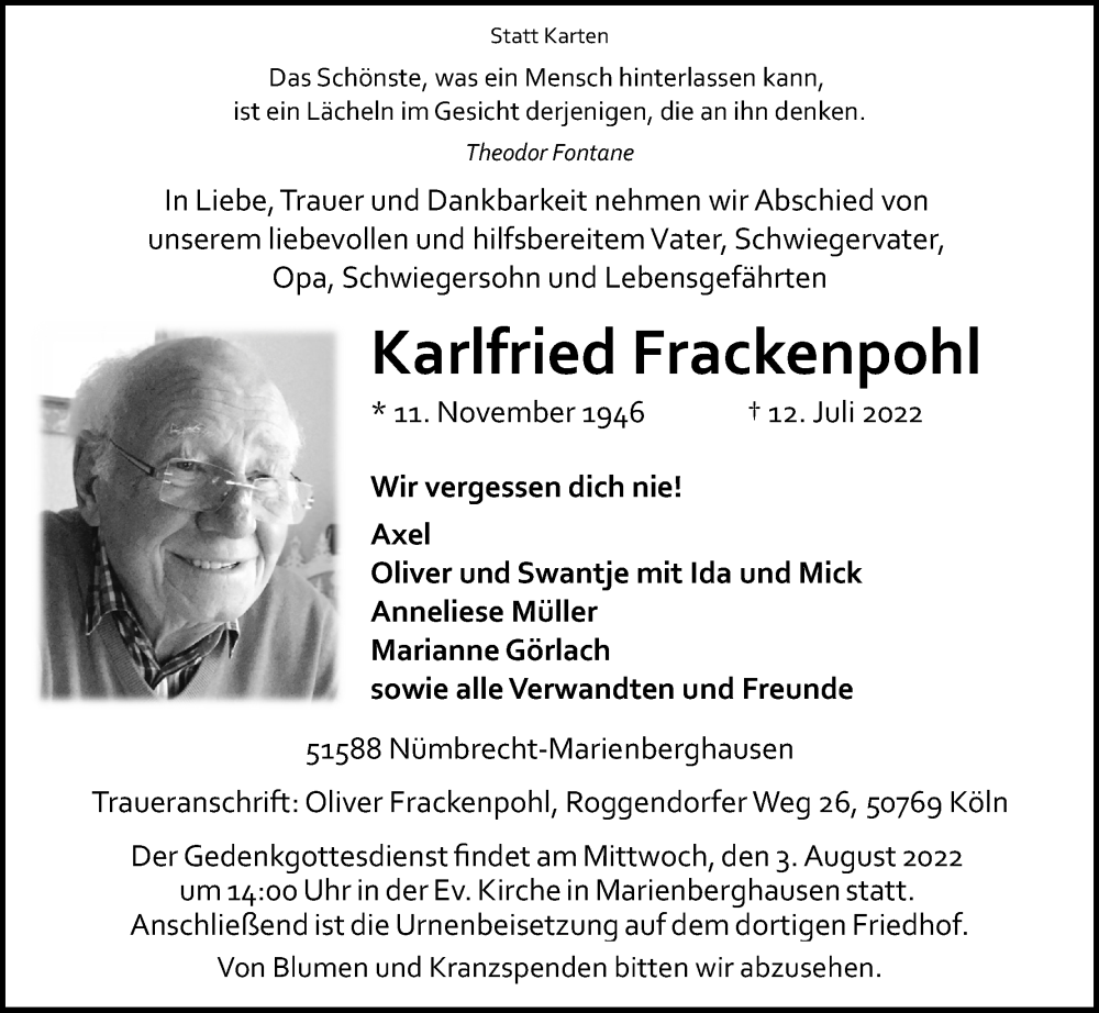  Traueranzeige für Karlfried Frackenpohl vom 16.07.2022 aus Kölner Stadt-Anzeiger / Kölnische Rundschau / Express