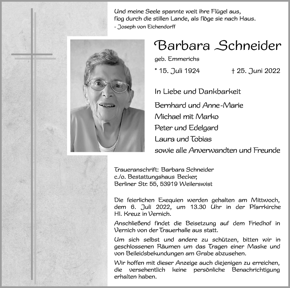  Traueranzeige für Barbara Schneider vom 02.07.2022 aus Kölner Stadt-Anzeiger / Kölnische Rundschau / Express