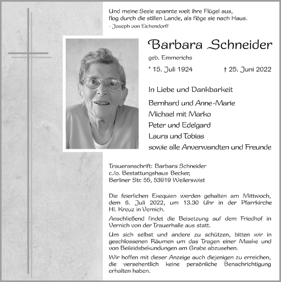 Anzeige von Barbara Schneider von  Blickpunkt Euskirchen 