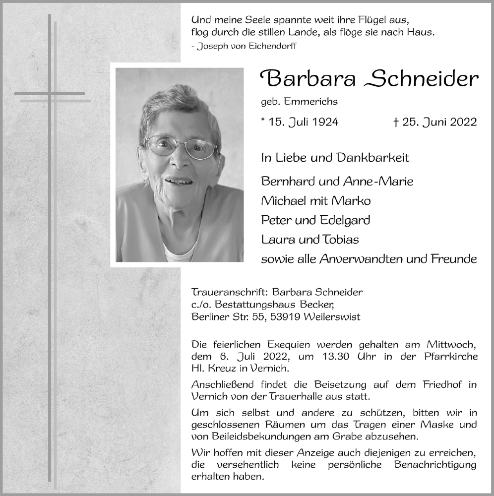  Traueranzeige für Barbara Schneider vom 02.07.2022 aus  Blickpunkt Euskirchen 