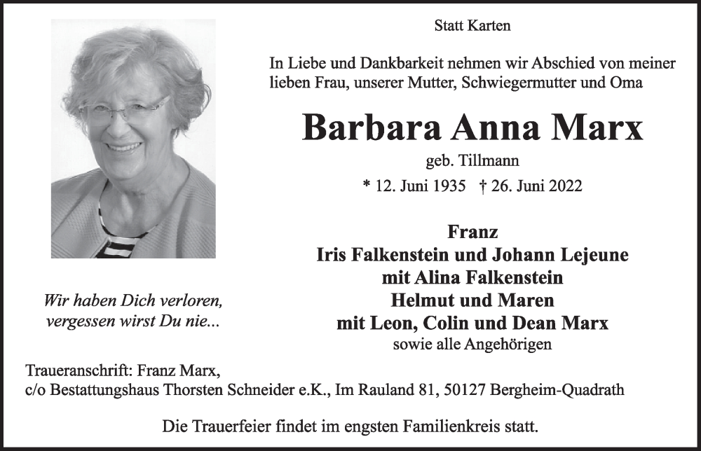  Traueranzeige für Barbara Anna Marx vom 08.07.2022 aus  Werbepost 