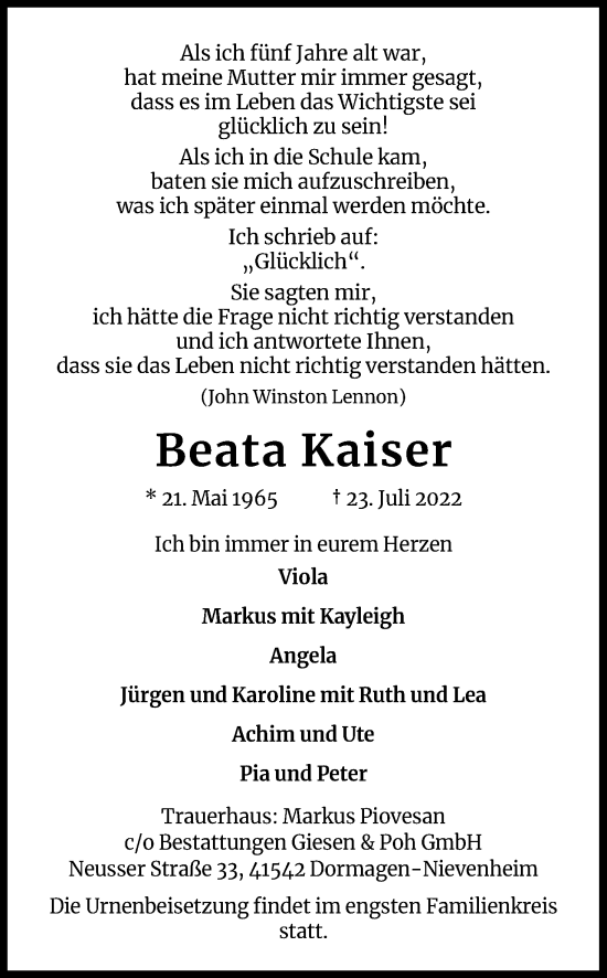 Anzeige von Beata Kaiser von Kölner Stadt-Anzeiger / Kölnische Rundschau / Express