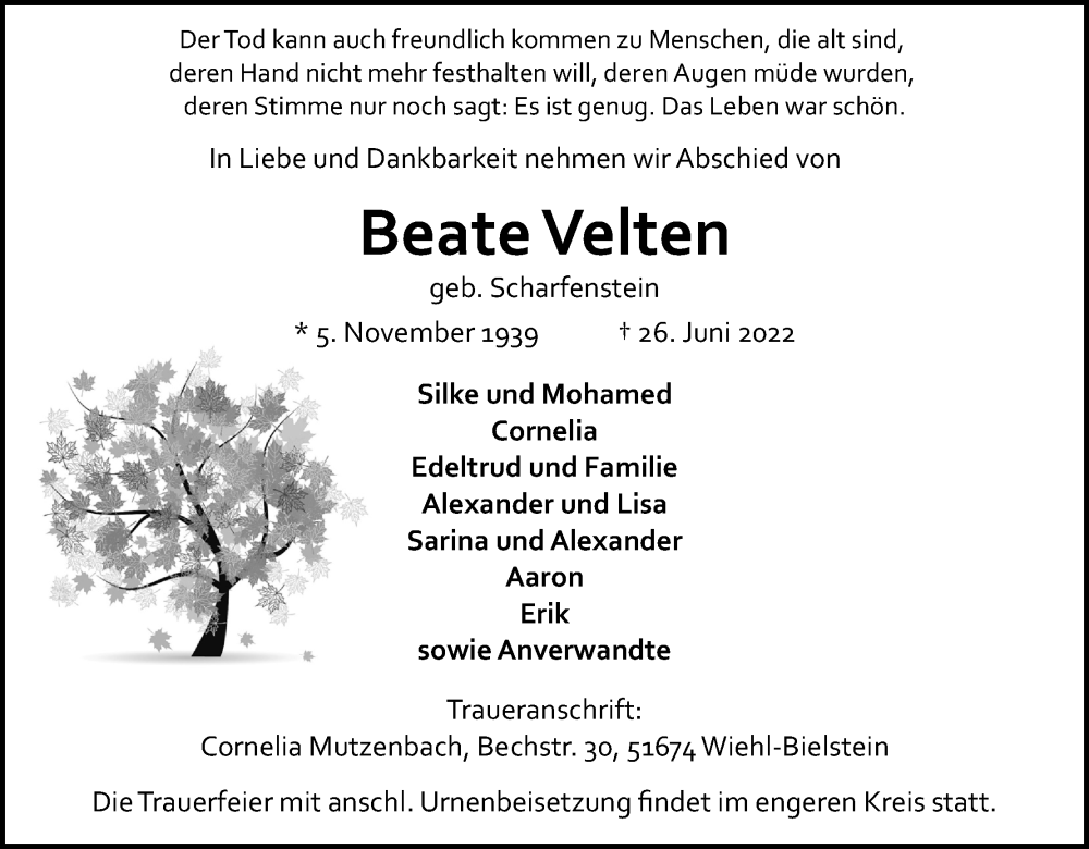  Traueranzeige für Beate Velten vom 02.07.2022 aus Kölner Stadt-Anzeiger / Kölnische Rundschau / Express
