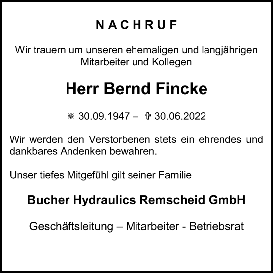 Anzeige von Bernd Fincke von Kölner Stadt-Anzeiger / Kölnische Rundschau / Express