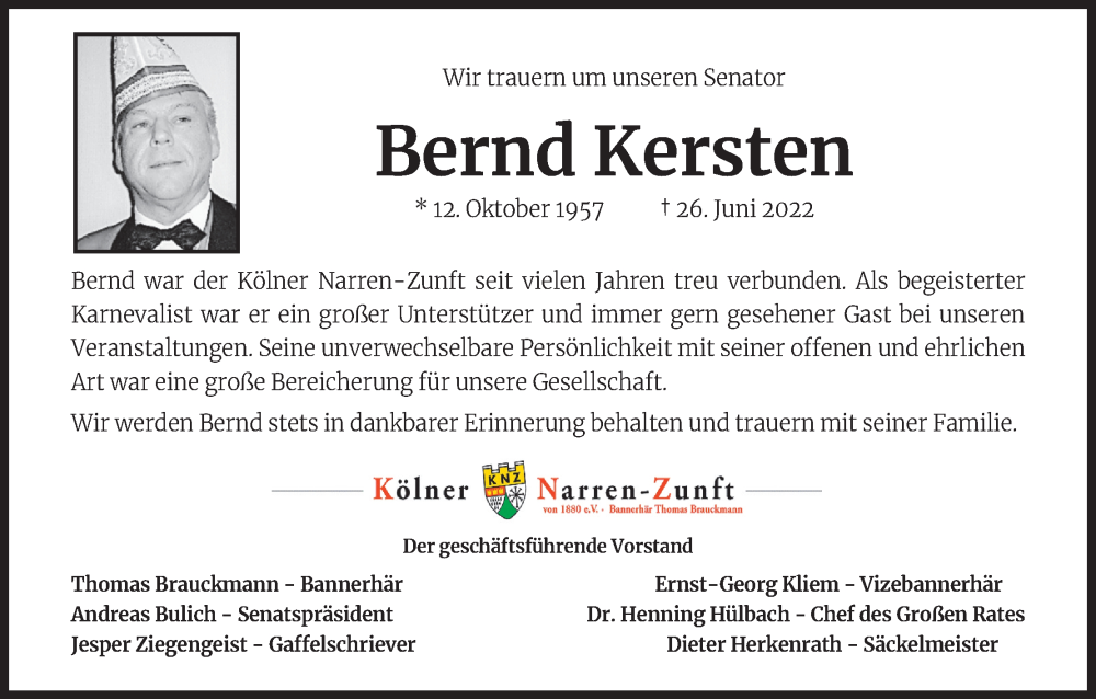  Traueranzeige für Bernd Kersten vom 23.07.2022 aus Kölner Stadt-Anzeiger / Kölnische Rundschau / Express