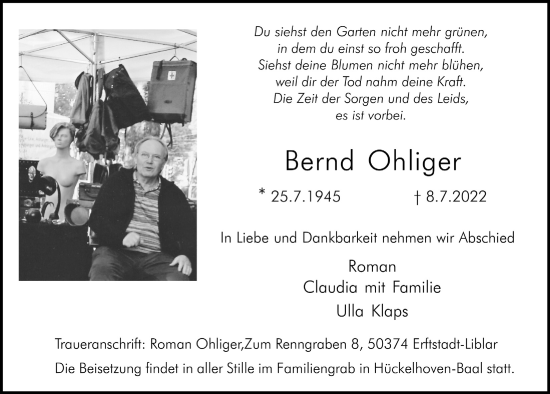 Anzeige von Bernd Ohliger von  Schlossbote/Werbekurier 
