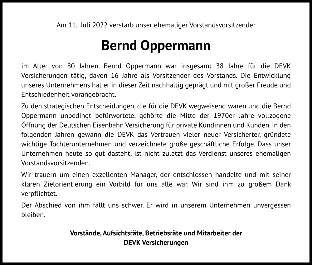  Traueranzeige für Bernd Oppermann vom 23.07.2022 aus Kölner Stadt-Anzeiger / Kölnische Rundschau / Express