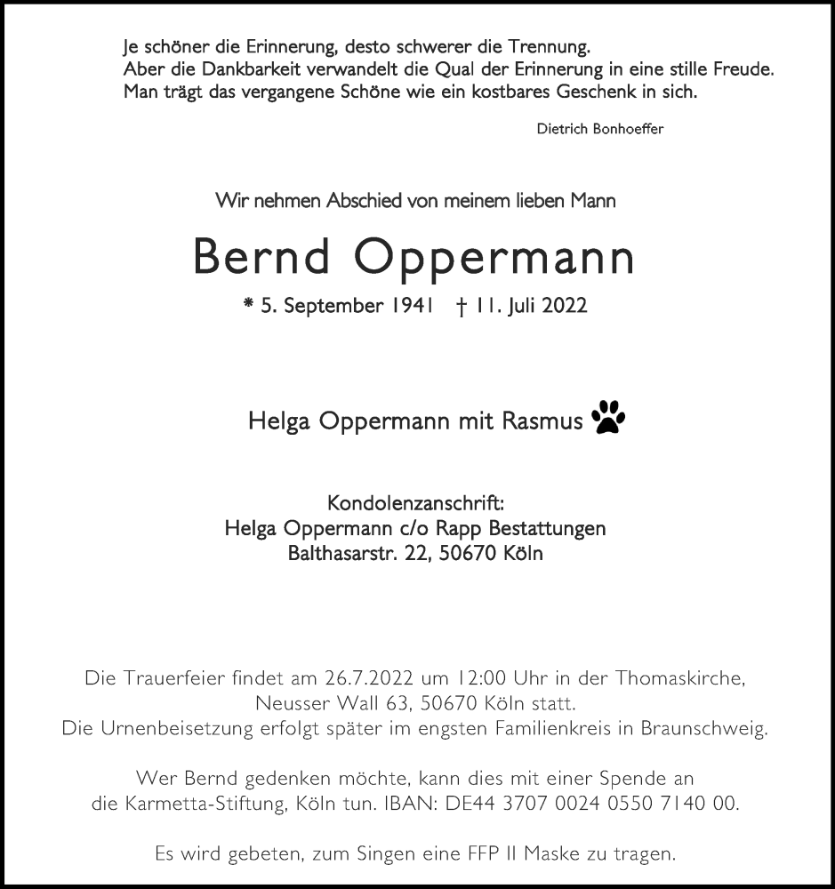  Traueranzeige für Bernd Oppermann vom 23.07.2022 aus Kölner Stadt-Anzeiger / Kölnische Rundschau / Express