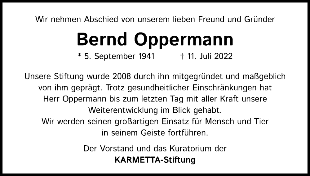  Traueranzeige für Bernd Oppermann vom 23.07.2022 aus Kölner Stadt-Anzeiger / Kölnische Rundschau / Express