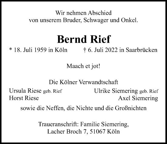 Anzeige von Bernd Rief von Kölner Stadt-Anzeiger / Kölnische Rundschau / Express