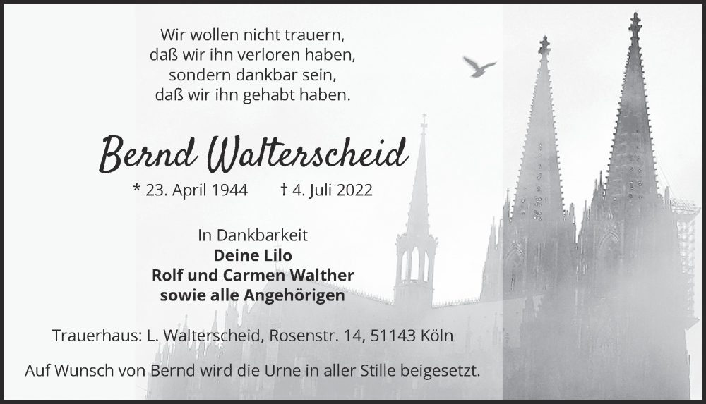  Traueranzeige für Bernd Walterscheid vom 15.07.2022 aus  EXPRESS - Die Woche 