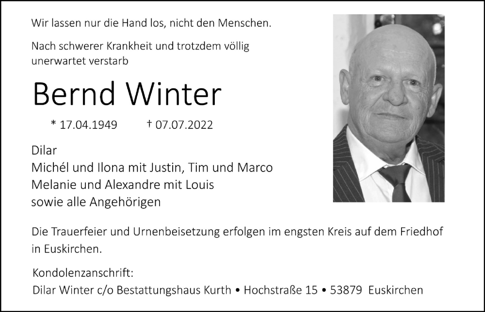  Traueranzeige für Bernd Winter vom 16.07.2022 aus  Blickpunkt Euskirchen 
