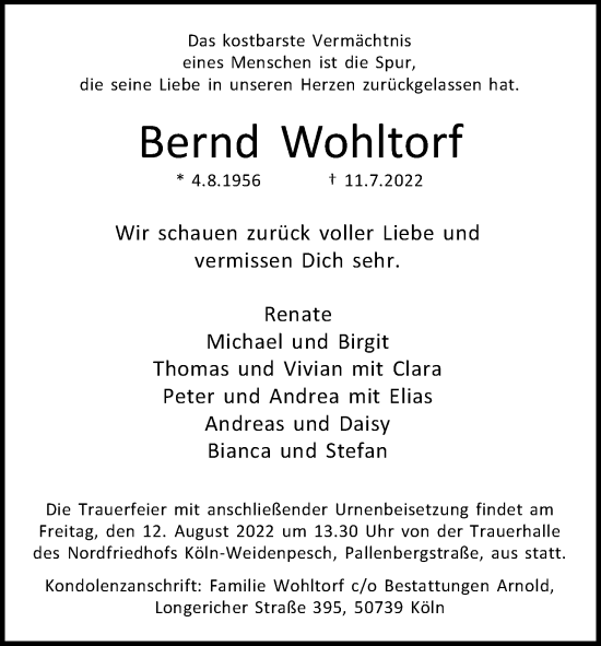 Anzeige von Bernd Wohltorf von Kölner Stadt-Anzeiger / Kölnische Rundschau / Express
