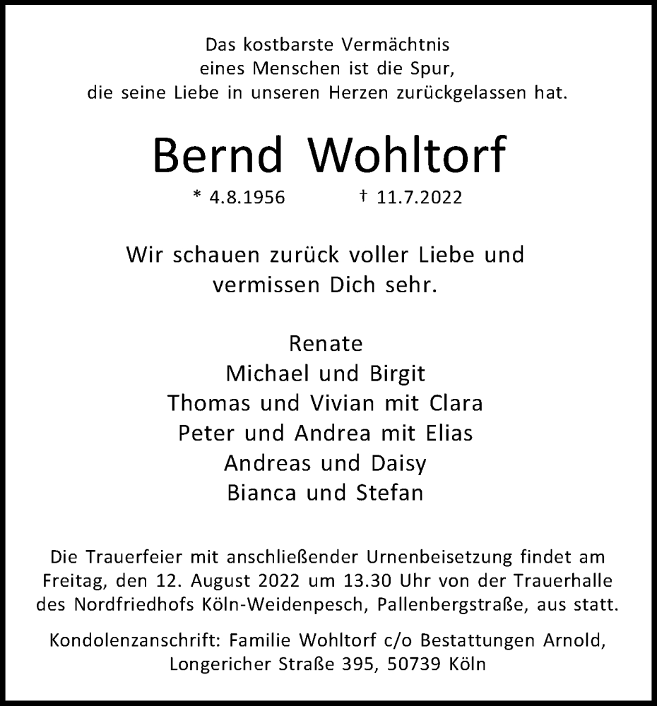  Traueranzeige für Bernd Wohltorf vom 30.07.2022 aus Kölner Stadt-Anzeiger / Kölnische Rundschau / Express