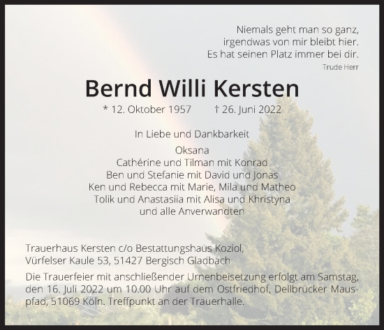 Anzeige von Bernd Willi Kersten von Kölner Stadt-Anzeiger / Kölnische Rundschau / Express