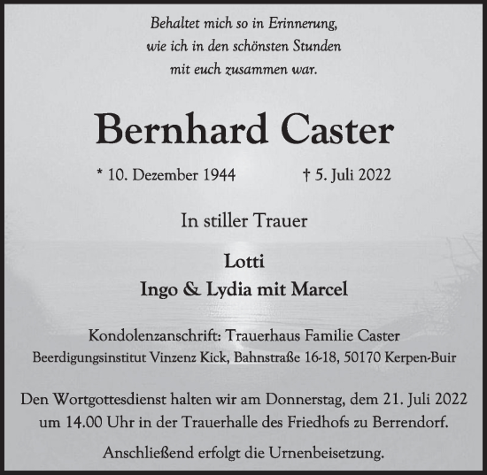 Anzeige von Bernhard Caster von  Werbepost 