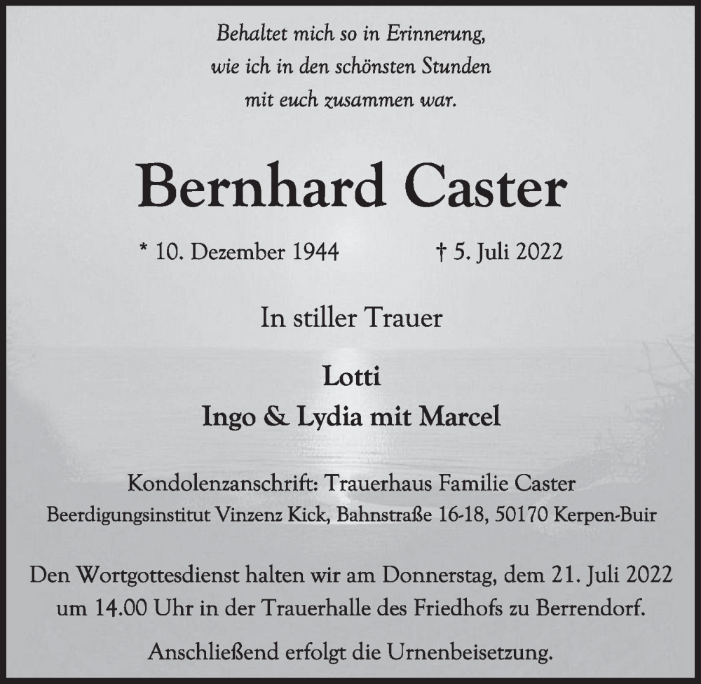  Traueranzeige für Bernhard Caster vom 15.07.2022 aus  Werbepost 