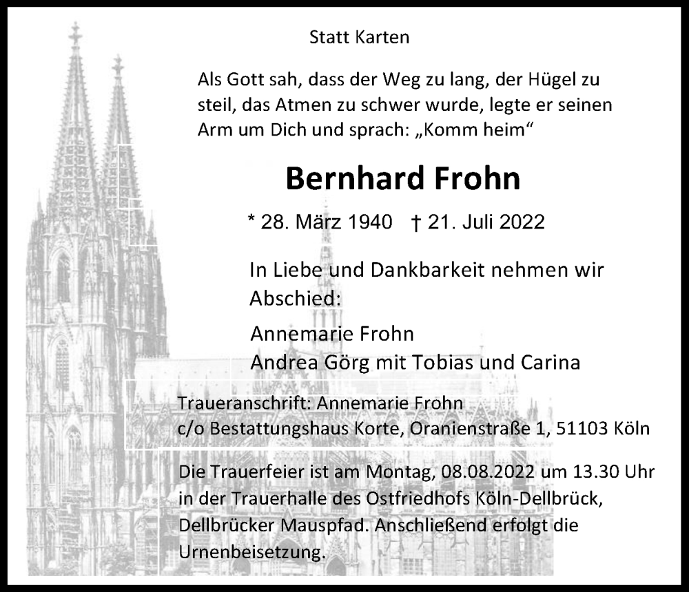  Traueranzeige für Bernhard Frohn vom 30.07.2022 aus Kölner Stadt-Anzeiger / Kölnische Rundschau / Express
