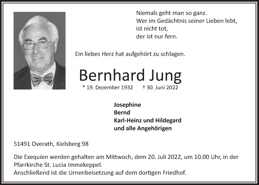  Traueranzeige für Bernhard Jung vom 08.07.2022 aus  Bergisches Handelsblatt 