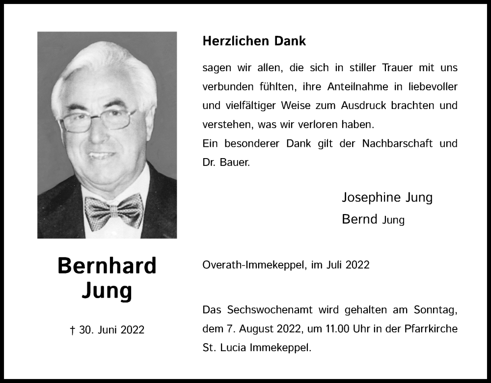  Traueranzeige für Bernhard Jung vom 30.07.2022 aus Kölner Stadt-Anzeiger / Kölnische Rundschau / Express