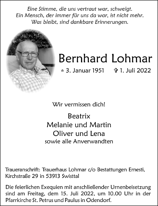 Anzeige von Bernhard Lohmar von  Schaufenster/Blickpunkt 